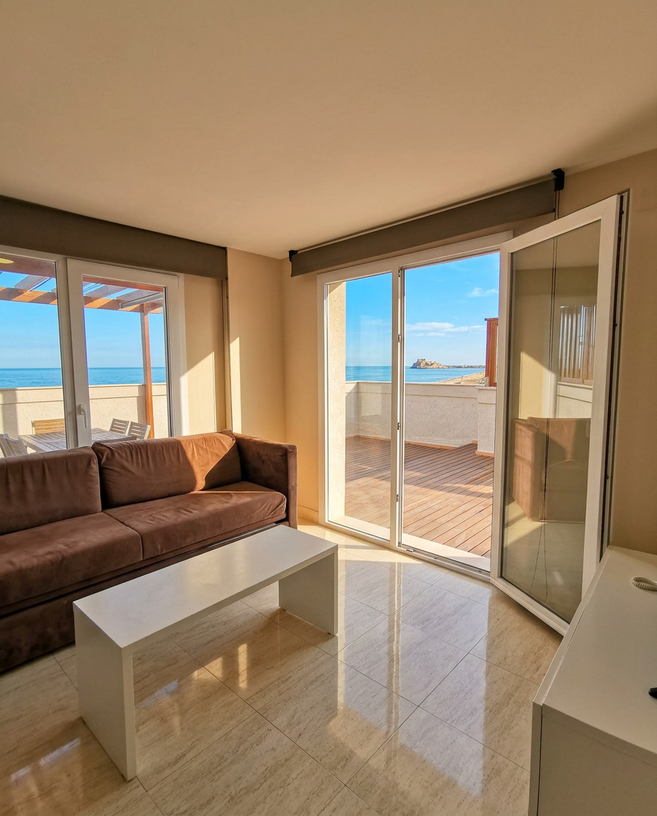 Salón del apartamento ático del Aparthotel Acualandia Peñíscola con vistas al mar y al Castillo Papa Luna