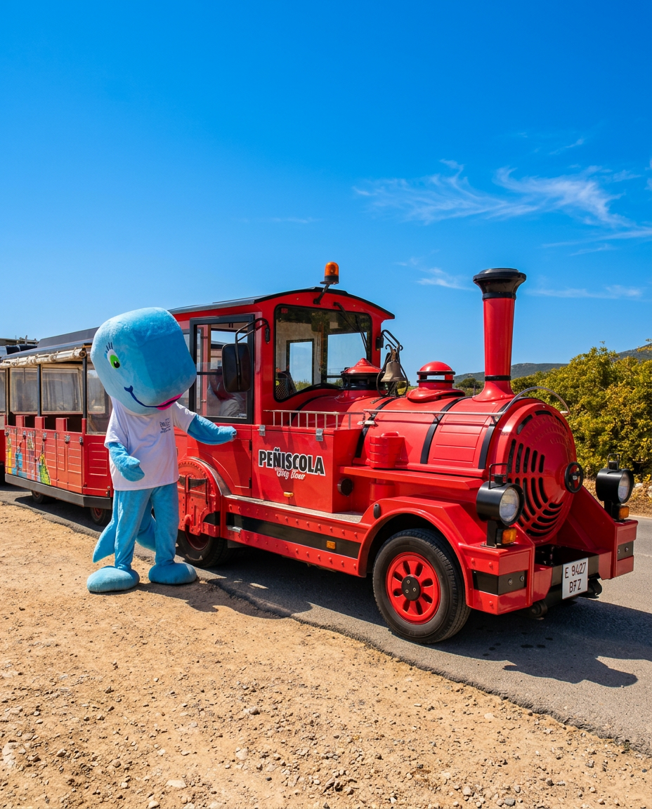 Mascota ballenita del Aparthotel Acualandia junto al tren turístico de Peñíscola, actividad para niños