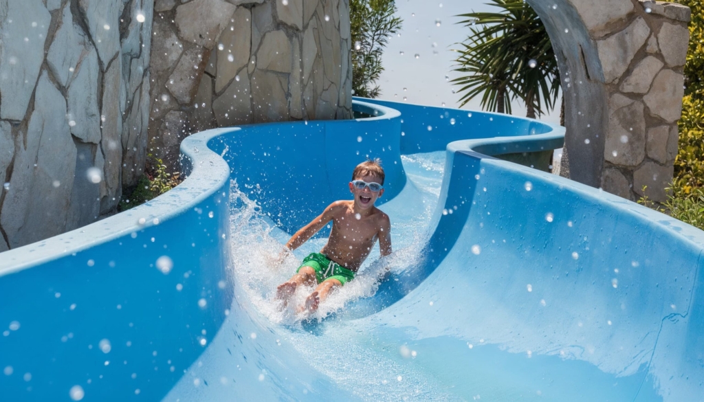 Niño disfrutando del tobogán del complejo acuático en el Hotel Acuazul de Peñíscola, complejo turístico con parque acuático Acualandia para familias